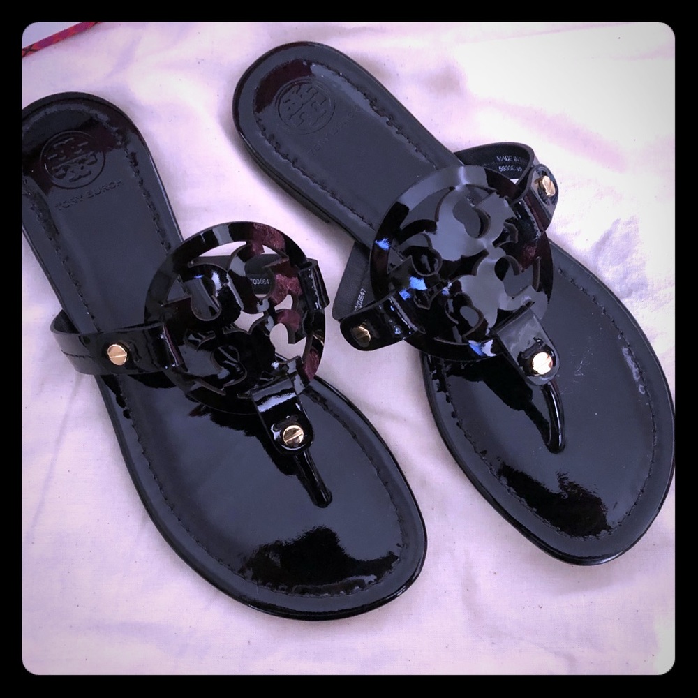 Tory Burch black patent miller sandals